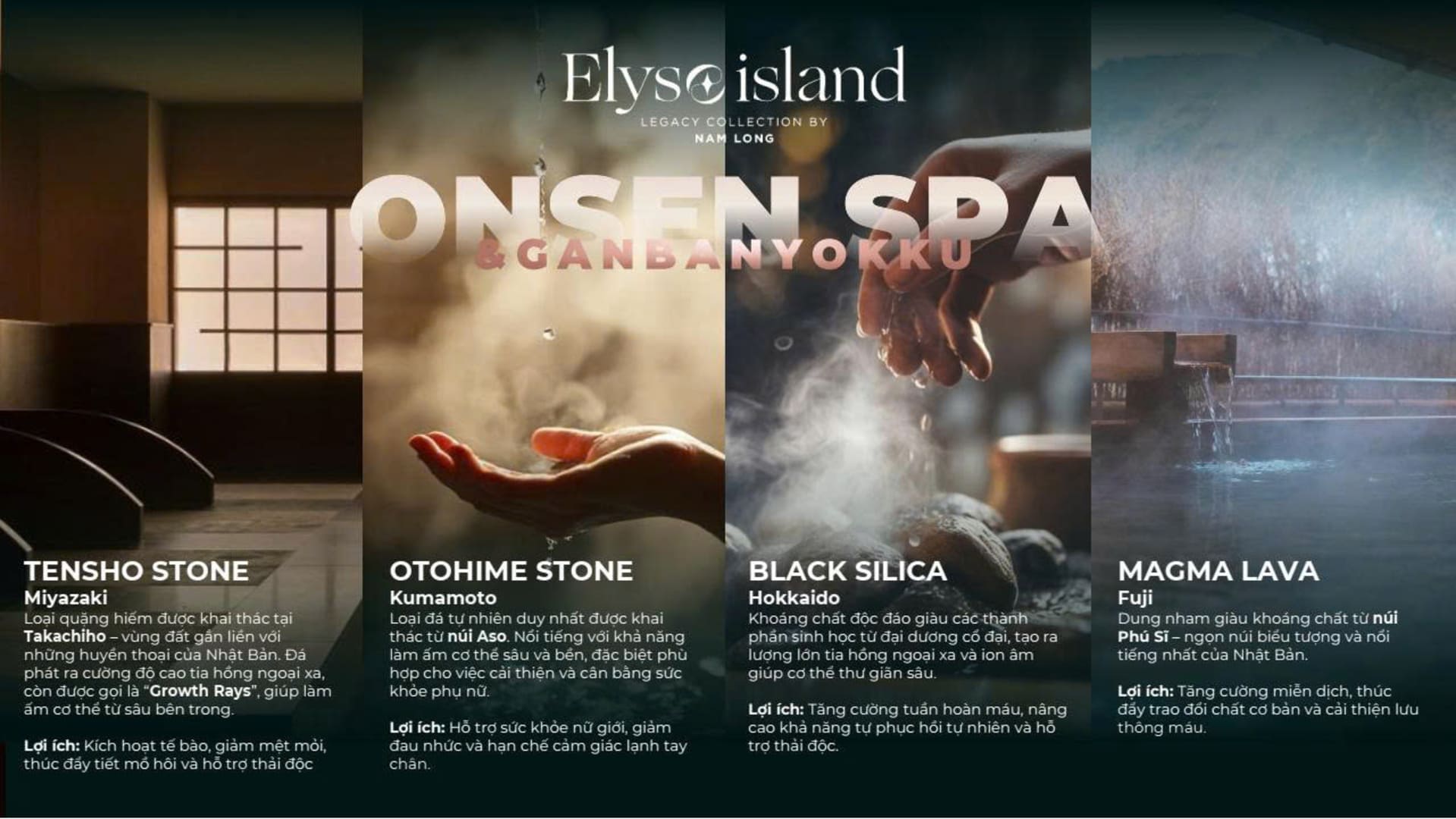 Ganbanyoku tại Elyse Island mang đến không gian thư giãn bằng đá nóng, góp phần hoàn thiện hệ tiện ích chăm sóc sức khỏe và tái tạo năng lượng.Ganbanyoku tại Elyse Island mang đến không gian thư giãn bằng đá nóng, góp phần hoàn thiện hệ tiện ích chăm sóc sức khỏe và tái tạo năng lượng.