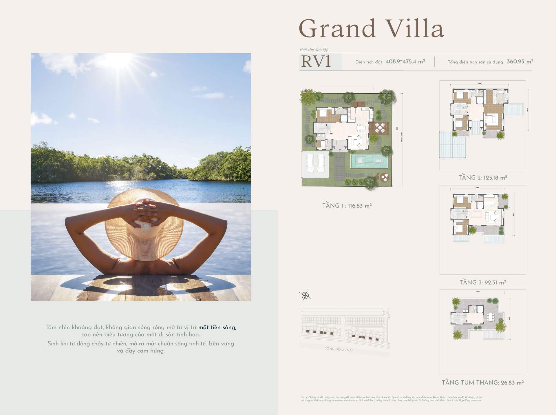 Layout thiết kế biệt thự đơn lập Grand Villas RV1 3 tầng 1 tum có diện tích đất 408m2-475m2 dự án Elyse Island