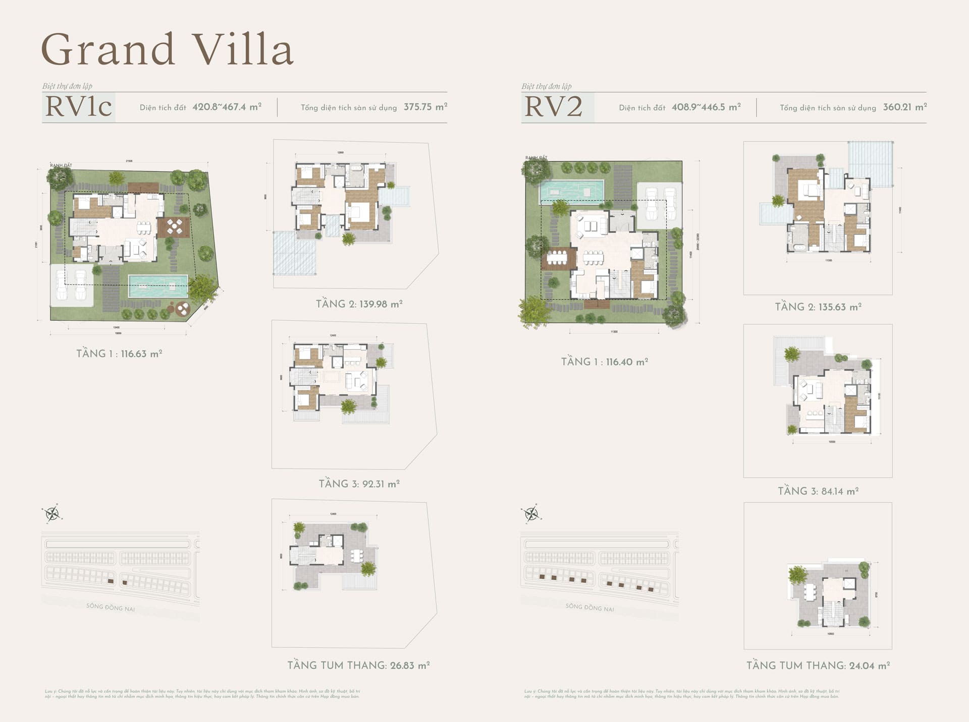 Layout thiết kế biệt thự đơn lập Grand Villas RV1C và RV2, 3 tầng 1 tum có diện tích đất 408m2-420m2 dự án Elyse Island