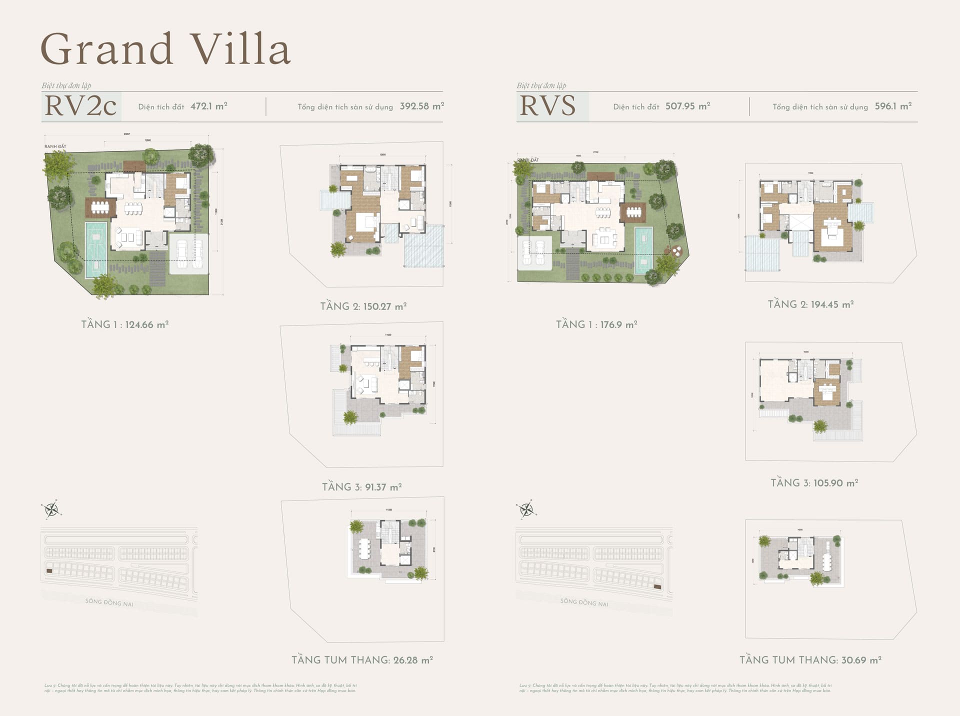 Layout thiết kế biệt thự đơn lập Grand Villas RV2C và RVS, 3 tầng 1 tum có diện tích đất 472m2-507m2 dự án Elyse Island