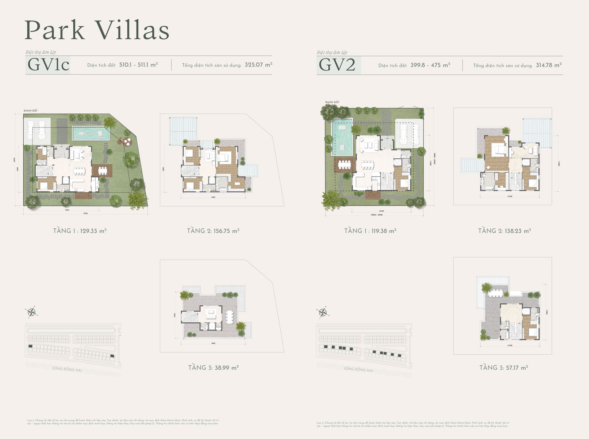 Layout thiết kế biệt thự đơn lập Park Villas GV1c và GV2 4 tầng có diện tích đất 399m2-510m2 dự án Elyse Island