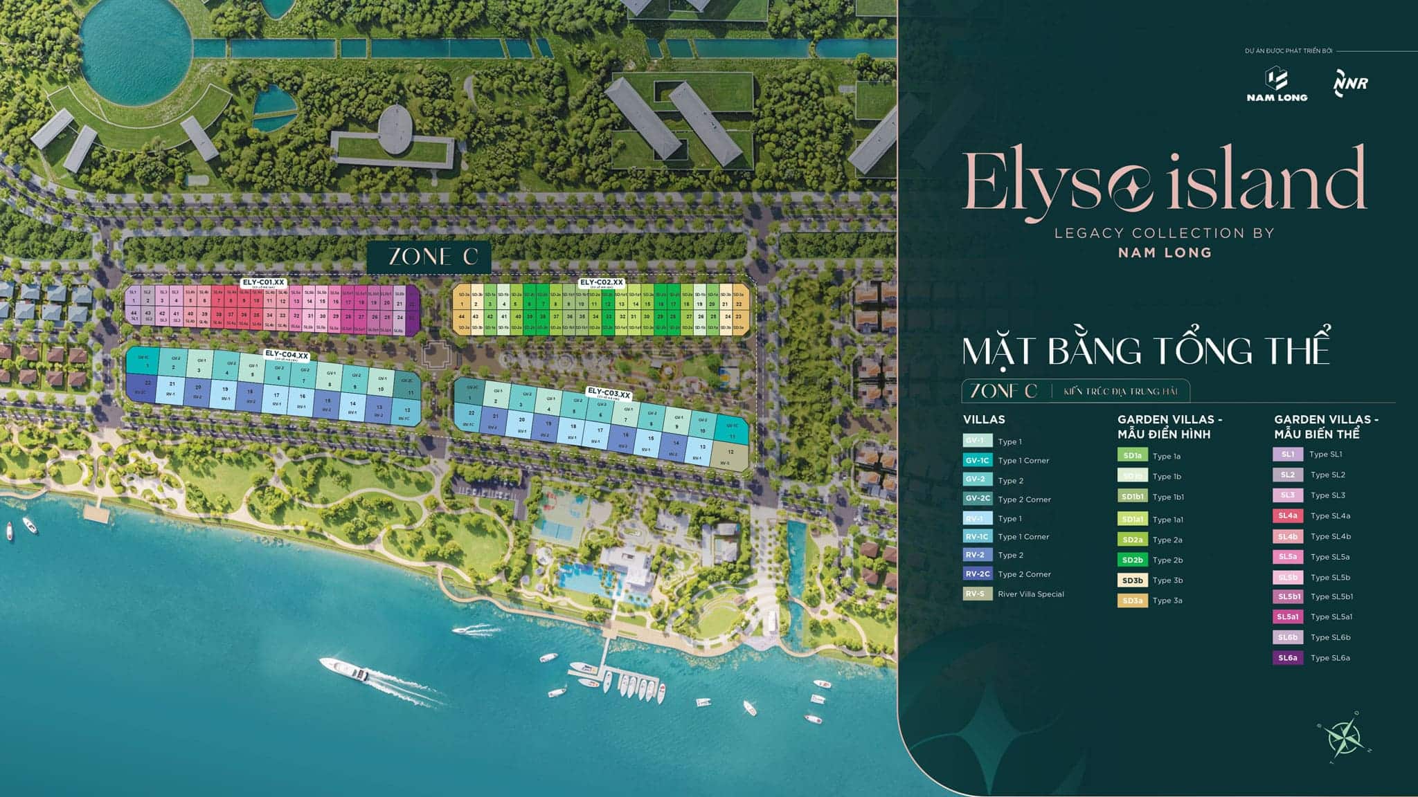 Mặt bằng tổng thể Zone C Elyse Island được Nam Long Group phát triển tại Đảo Đại Phước, Nhơn Trạch, Đồng Nai.