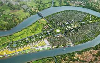 Phối cảnh mặt bằng đảo Đại Phước khắc họa quy hoạch tổng thể hài hòa, nơi thiên nhiên sông nước và chuẩn sống biệt lập cùng hiện diện.