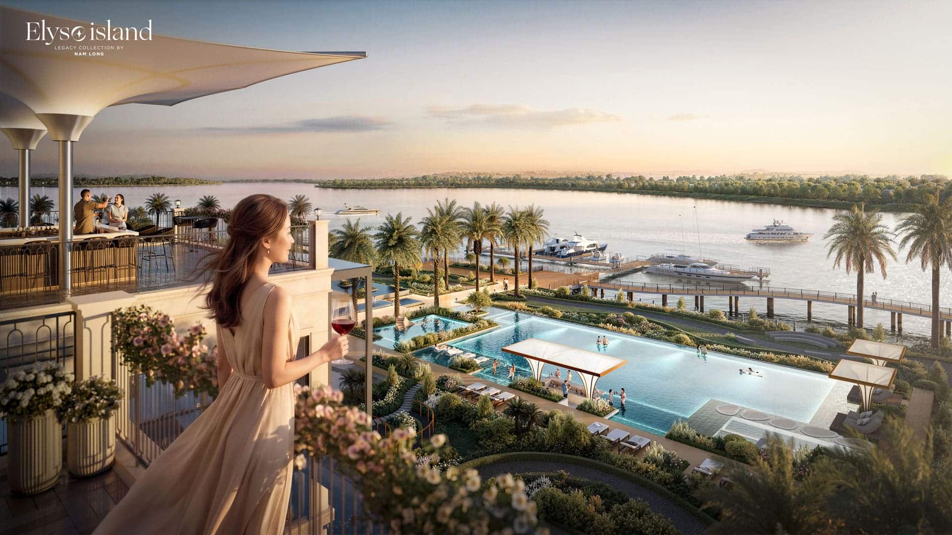 Tiện ích bến du thuyền Elyse Island khắc họa biểu tượng sống tinh hoa, nơi cảnh quan sông nước và trải nghiệm thư thái giao hòa đầy cảm hứng.